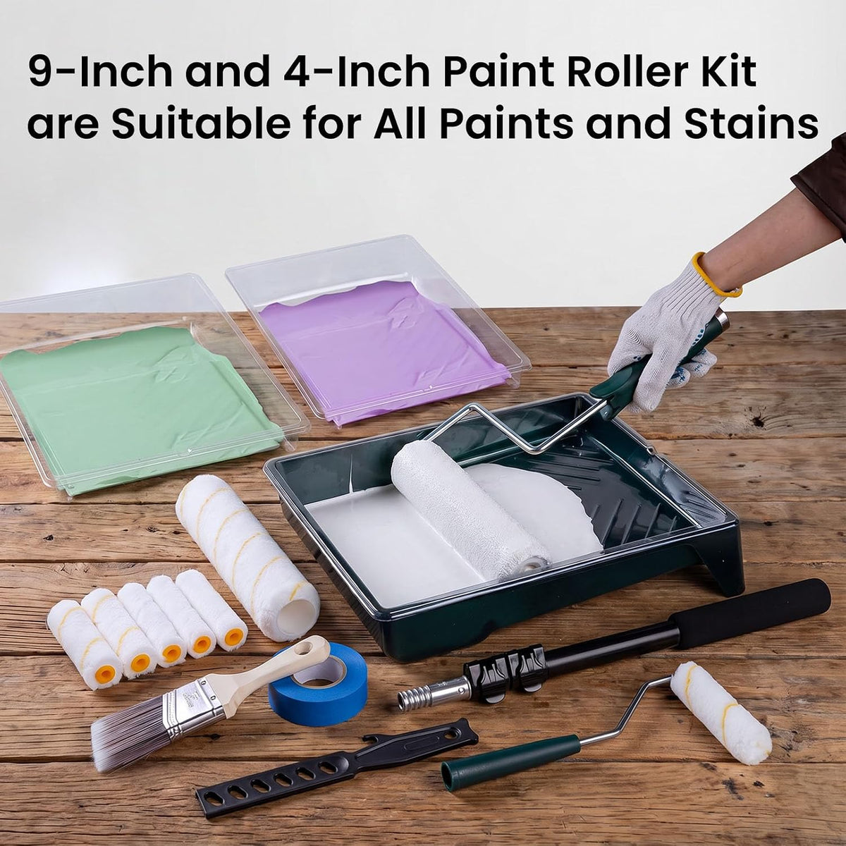 Paint Roller Kit with 3 FT Extension Pole, 9"&4", 20‑Piece Set