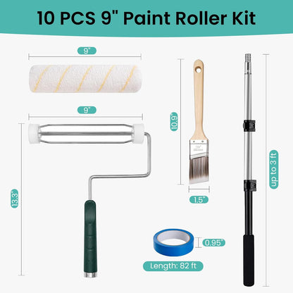 10‑Piece Paint Roller Kit with 3 FT Extension Pole, 9" Rollers