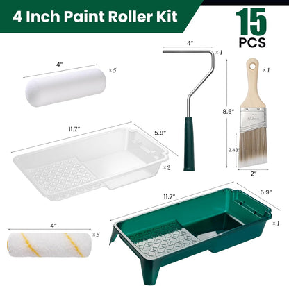 4 Inch Small Paint Roller Kit with Tray Liners -15 Pack