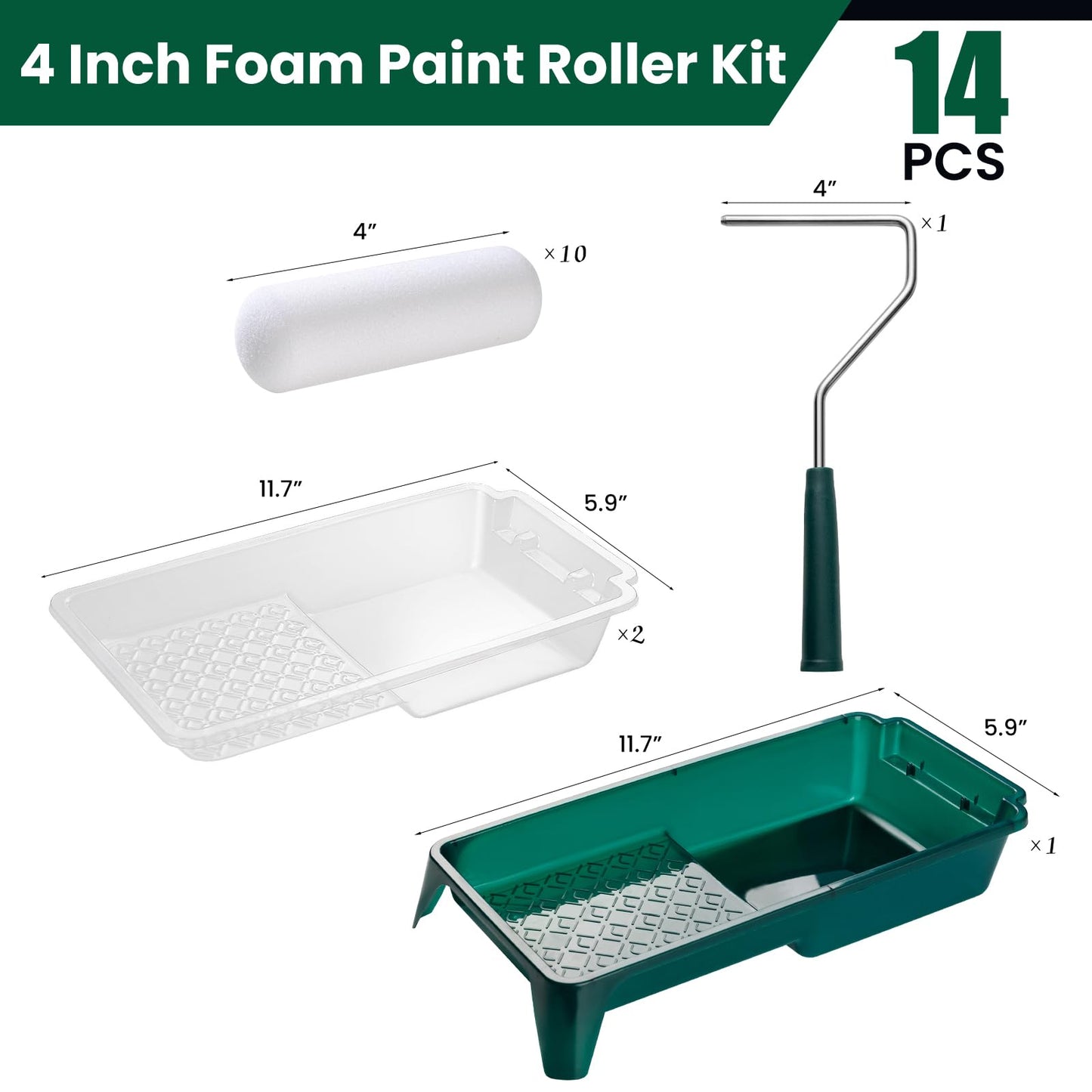 4 Inch Microfiber/Foam Paint Roller Kit with Paint Tray-14 pack