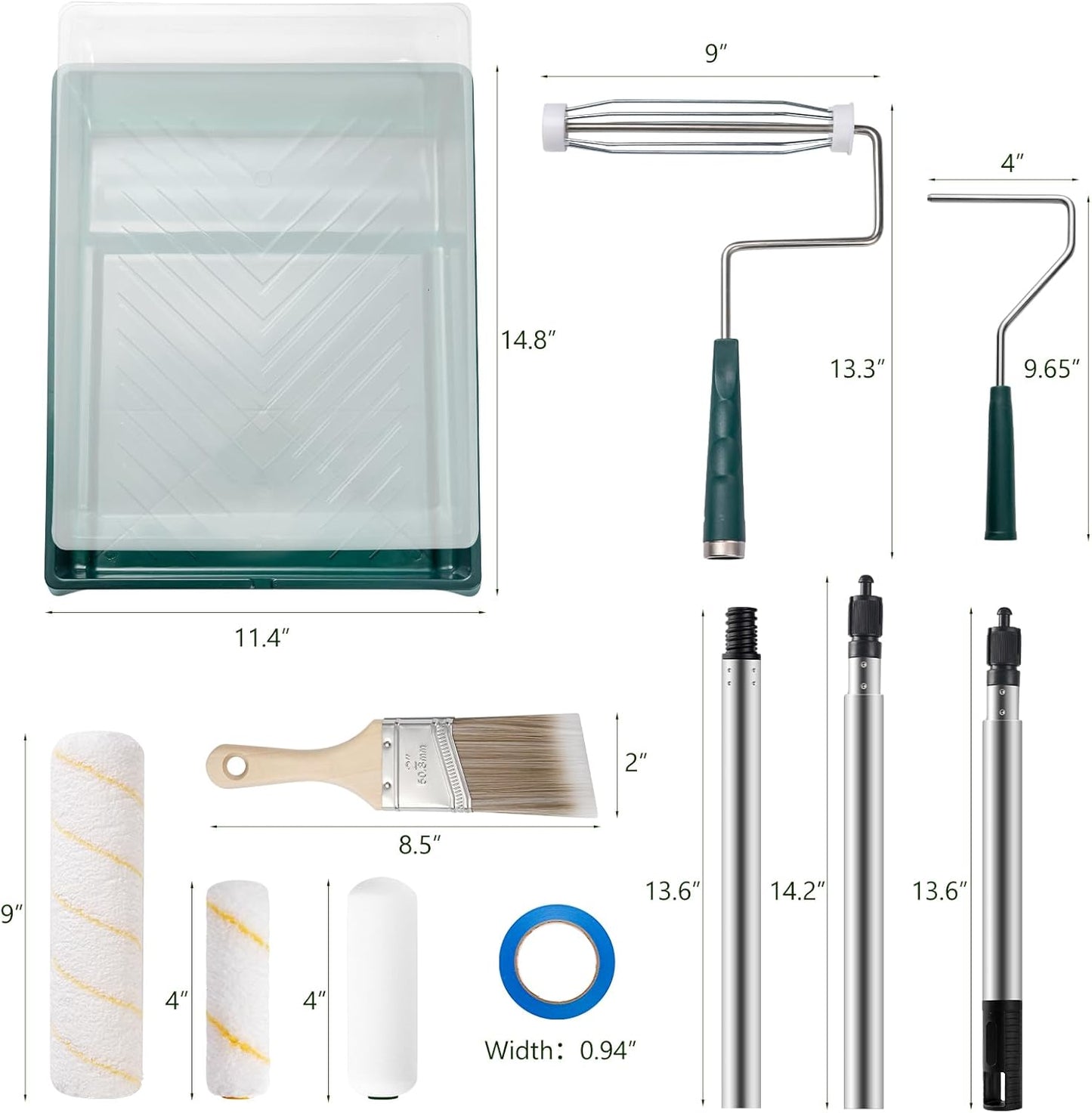 4 & 9 Inch Paint Roller Kit with 3 FT Extension Pole-13 PCS