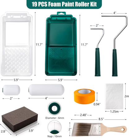 4" & 2" Small Foam Paint Roller and Tray Kit-19 Pack