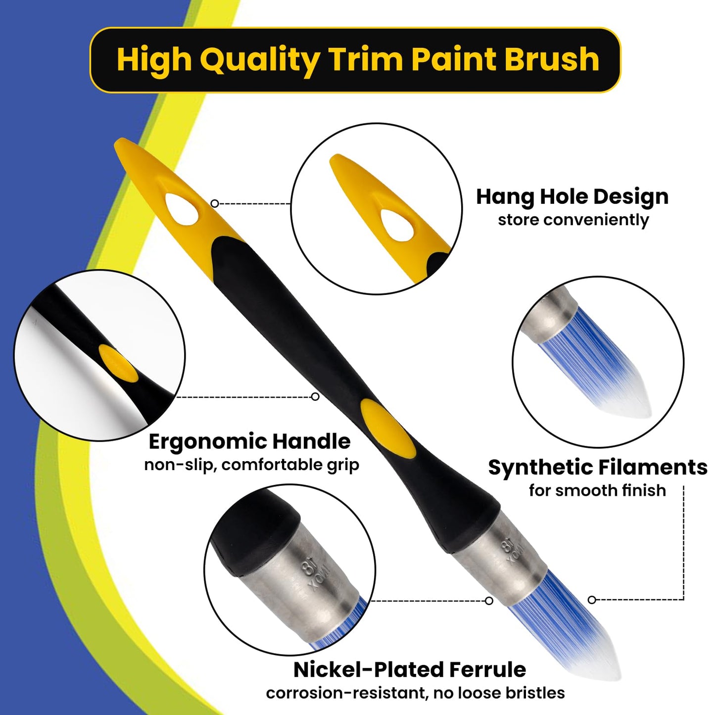 0.7 Inch Trim Paint Brush, 3 Pack