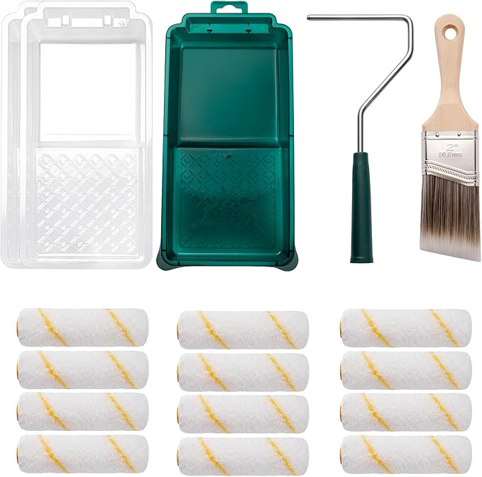 Paint Roller Kit, 17 Pack, 4 Inch Paint Roller, Small Paint Roller with Tray Liners