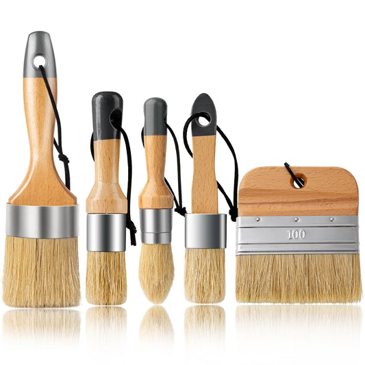 5 Pack Natural Bristle Chalk Paint Wax Brush Set